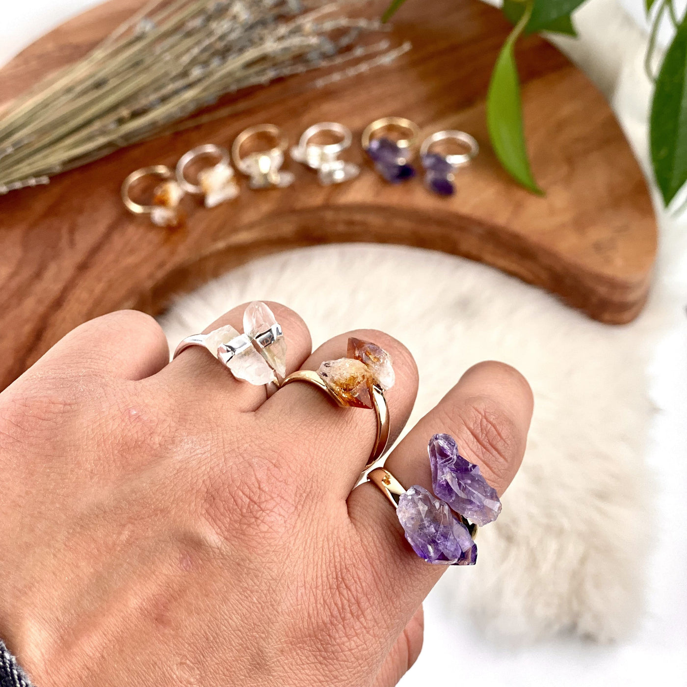 Crystal Quartz, Amethyst, and Citrine Double Point Ring Silver or 24k Gold Electroplated on hand for size comparison 