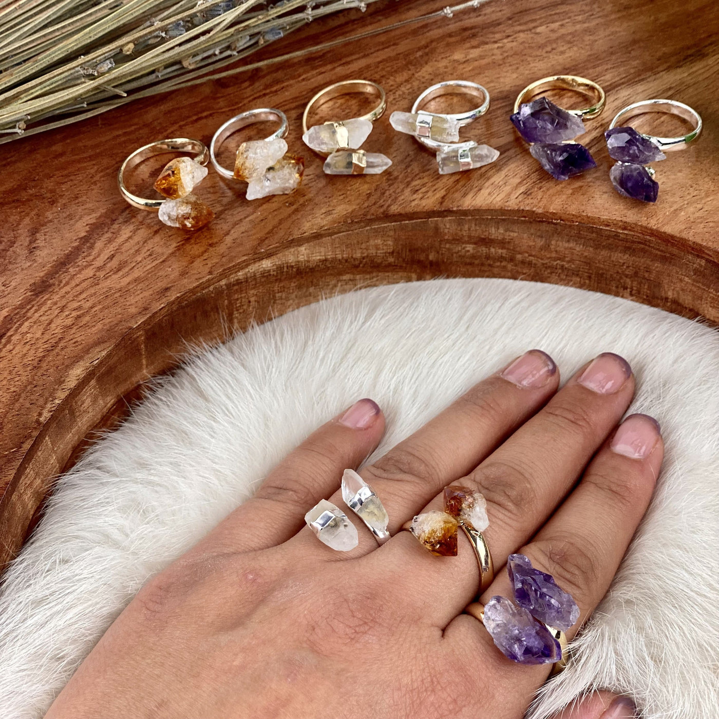 Crystal Quartz, Amethyst, and Citrine Double Point Ring Silver or 24k Gold Electroplated on hand for size comparison  showing both silver and gold