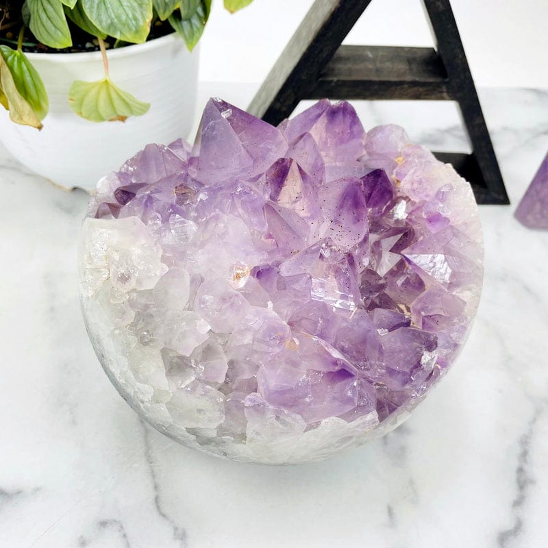 overhead view of amethyst druzy sphere for detail