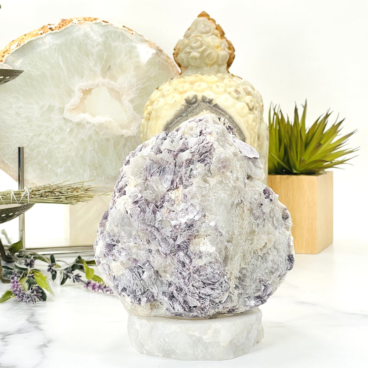 A front angle of the vibrant Lepidolite Mica Quartz on white background