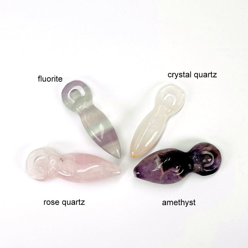close up of the rose quartz, fluorite, crystal quartz and amethyst earth goddess gemstones 