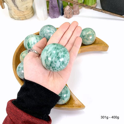 301 gram - 400 gram fuchsite sphere in hand with white background