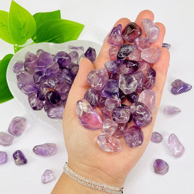 Amethyst tumbled stones in a woman's hand with more in the background.