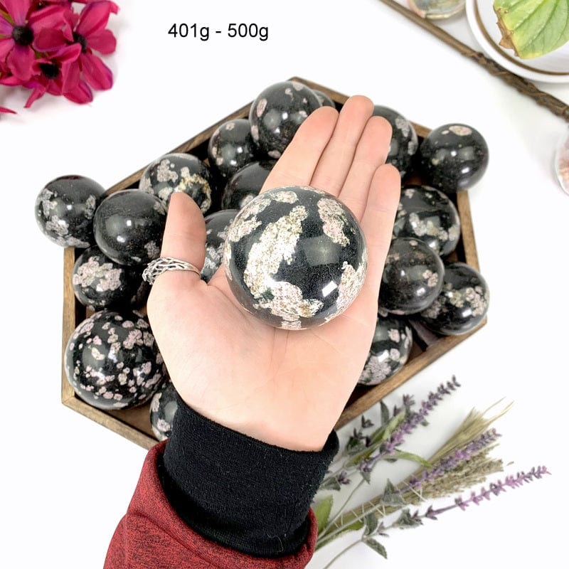 401 gram - 500 gram black jade with pink thulite sphere in hand 