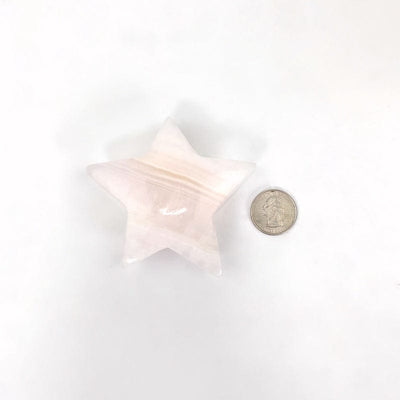 a single pink calcite star next to a quarter