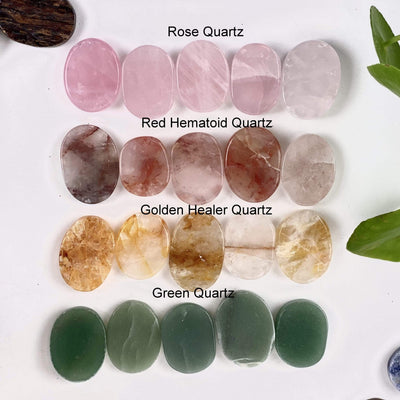 Gemstone Worry Stones in rose quartz, hematoid quartz, golden healer, green quartz