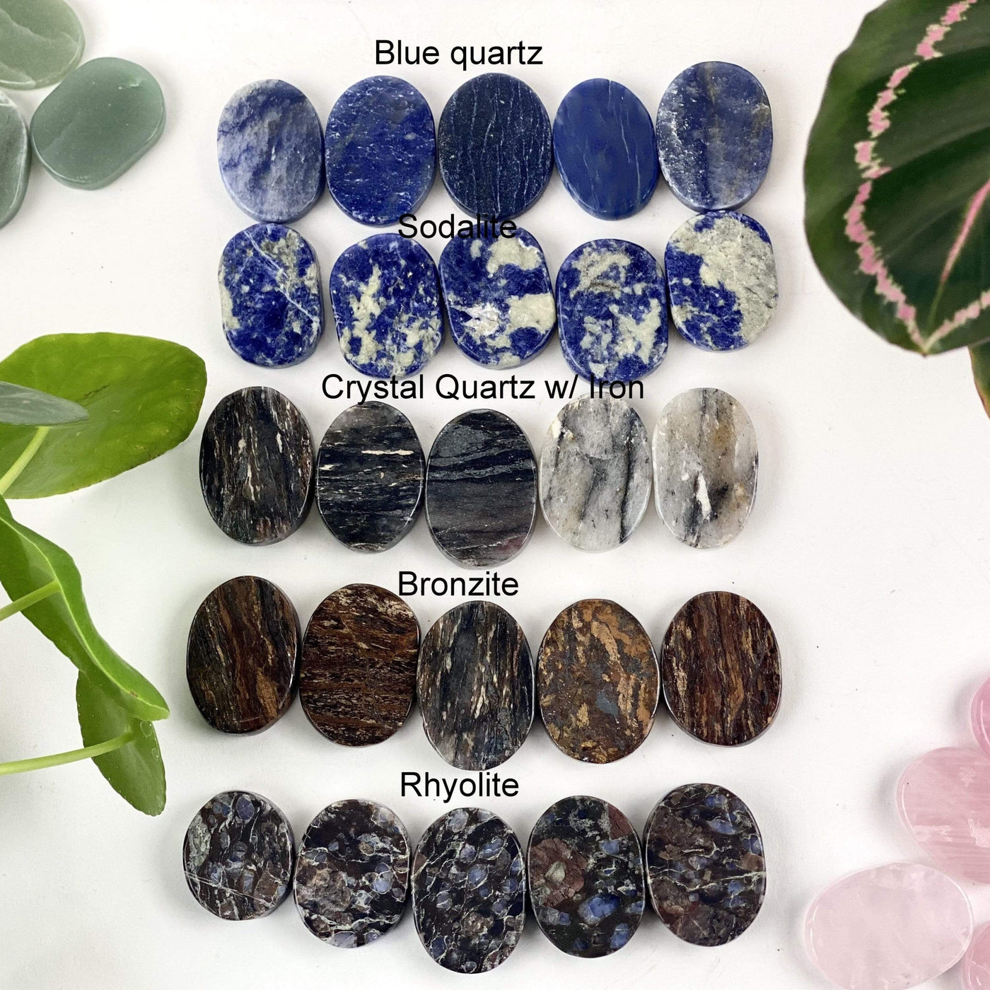 Gemstone Worry Stones in blue quartz, sodalite, crystal quartz with iron, bronzite, rhyolite
