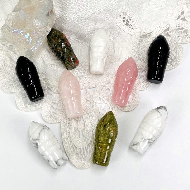 multiple ice cream shaped gemstones displayed showing the differences in the stone types 