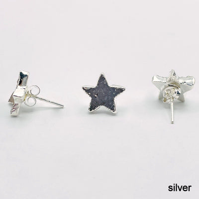 three silver natural druzy star stud earrings on white background for side, front, and back view