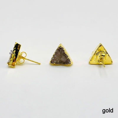three gold natural druzy triangle stud earrings on white background for side, front, and back view