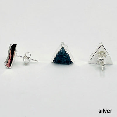 three silver natural druzy triangle stud earrings on white background for side, front, and back view