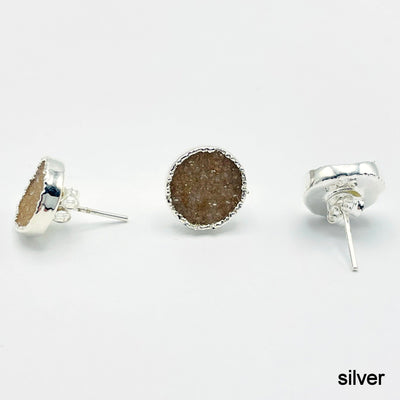 three silver natural druzy round stud earrings on white background for side, front, and back view