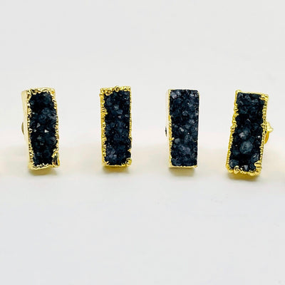 four blue druzy bar stud earrings on white background for possible variations