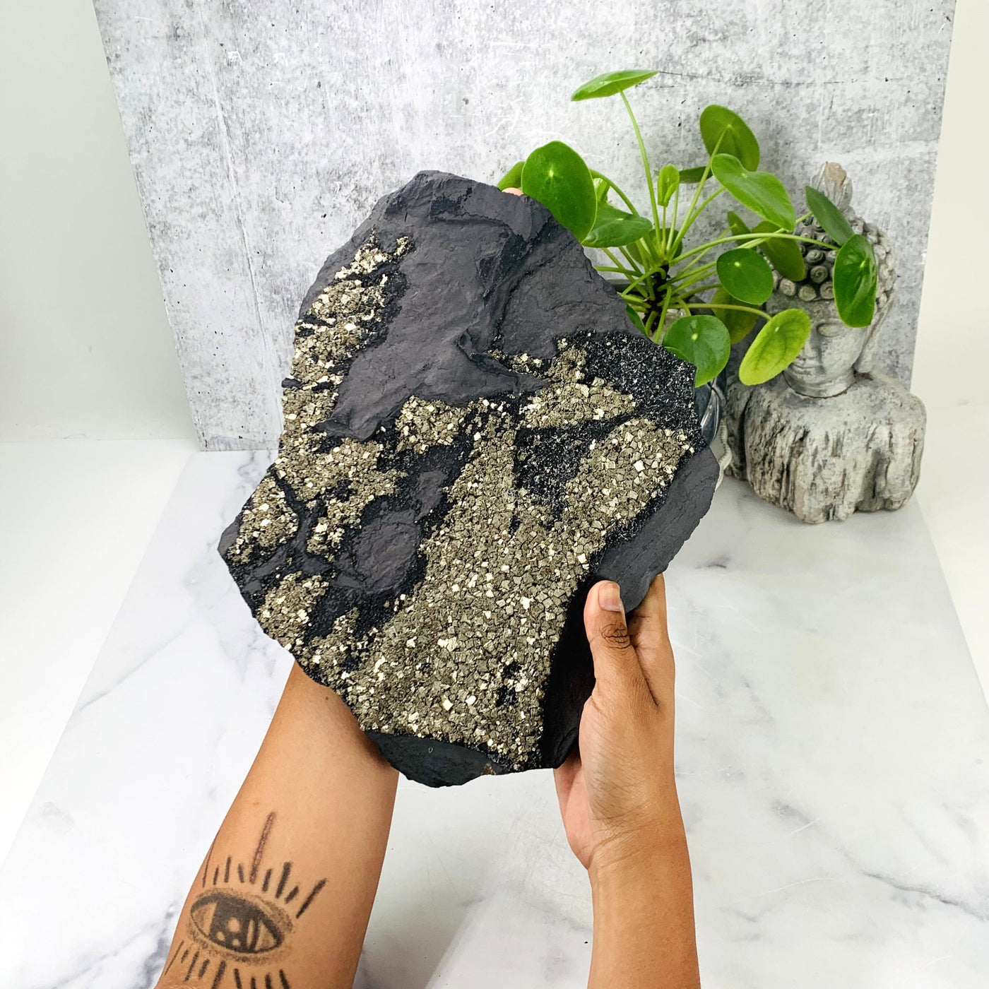 Two hands holding up the Pyrite with Basalt on metal stand