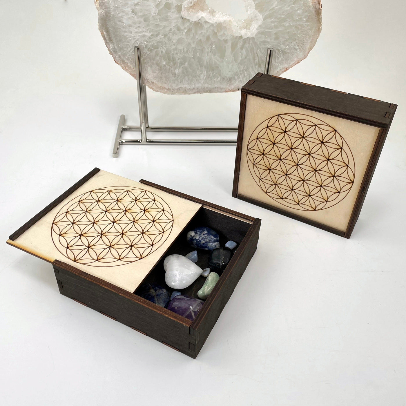 flower of life wooden storage box with crystals and stones inside (not included with purchase)