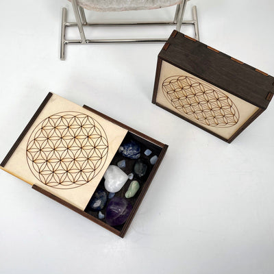 overhead view of flower of life wooden storage box