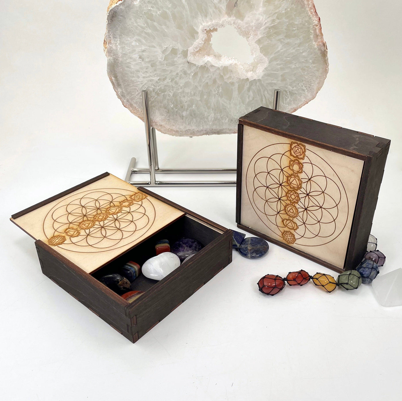 flower of life with seven chakra wooden storage box displayed with crystals inside (not included with purchase)