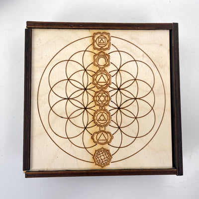 close up of flower of life with seven chakra engraving 