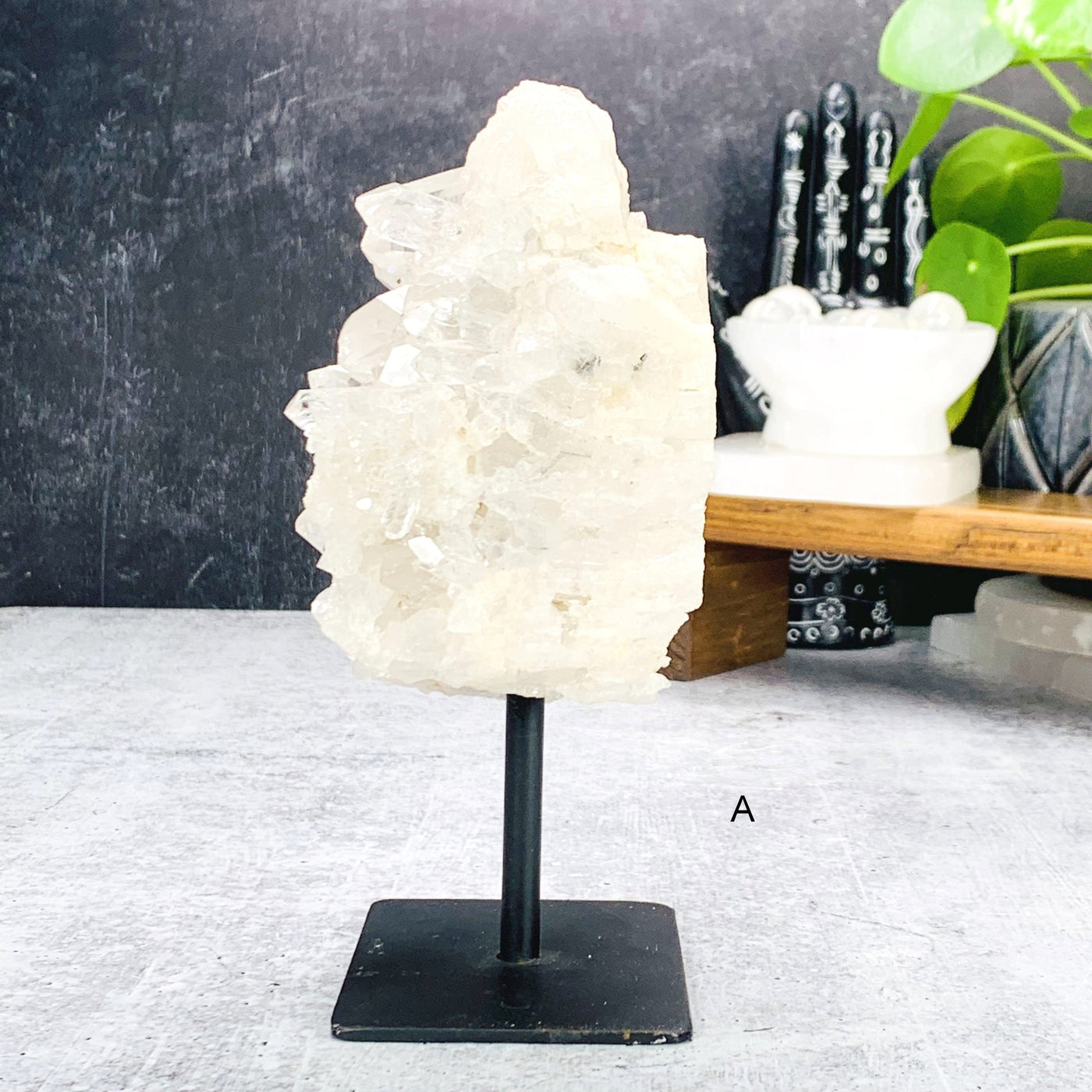Side angle of Option A-  Crystal Quartz Cluster on metal stand