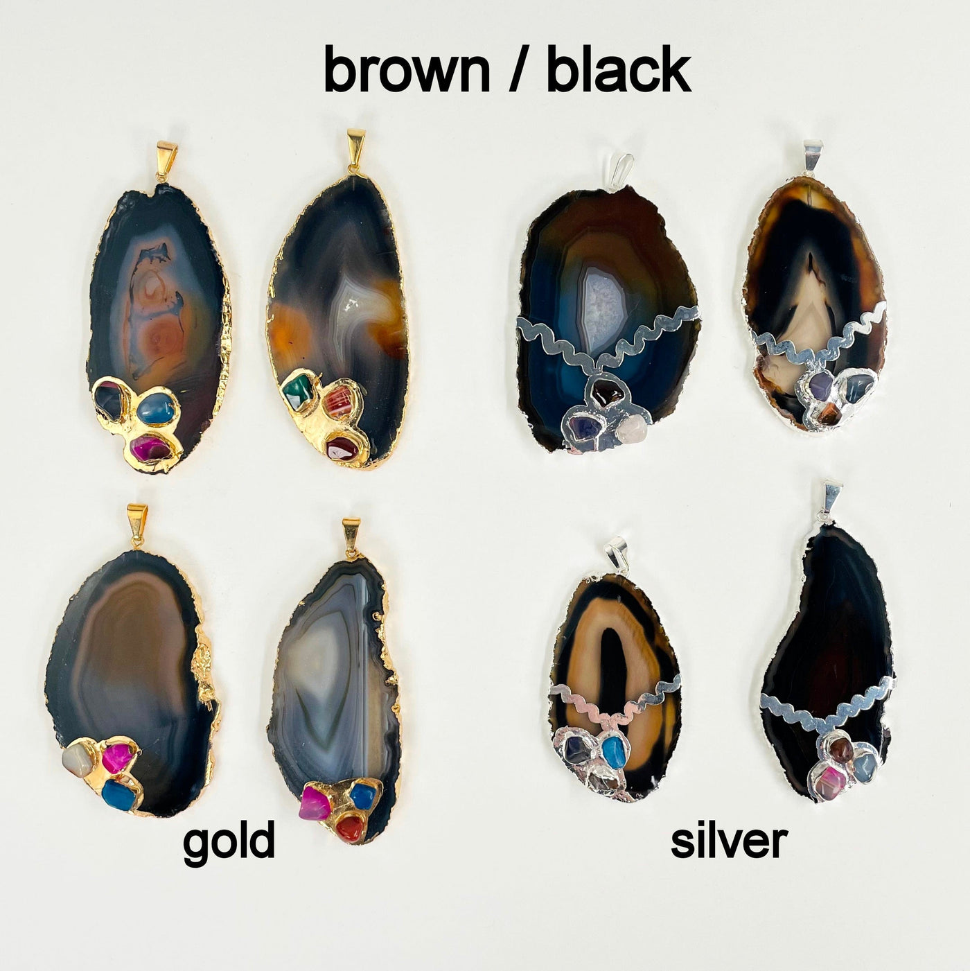 overhead view of four gold and four silver brown/black agate slice pendants on white background for possible variations and finish comparison