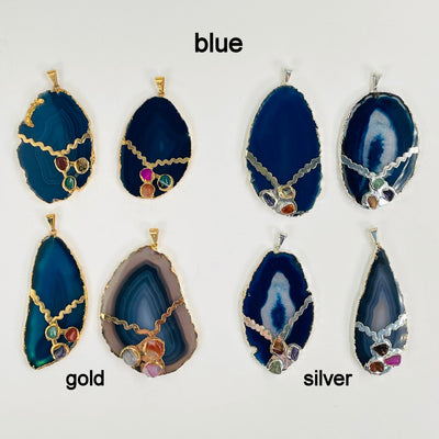 overhead view of four gold and four silver blue agate slice pendants on white background for possible variations and finish comparison