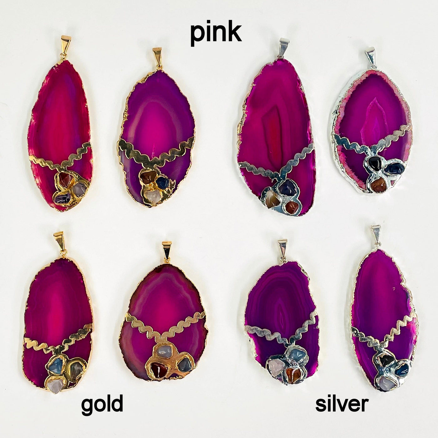 overhead view of four gold and four silver pink agate slice pendants on white background for possible variations and finish comparison