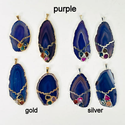 overhead view of four gold and four silver purple agate slice pendants on white background for possible variations and finish comparison