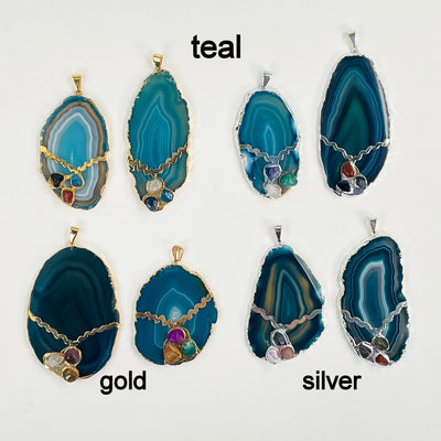 overhead view of four gold and four silver teal agate slice pendants on white background for possible variations and finish comparison