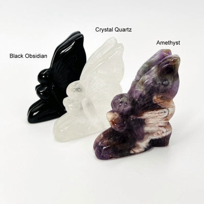 side view of the butterfly goddesses with the stone name above. available in black obsidian, crystal quartz and amethyst stone