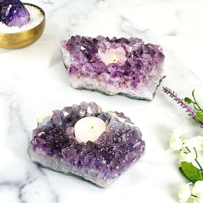 Amethyst Cluster Candle Holder with lit candles