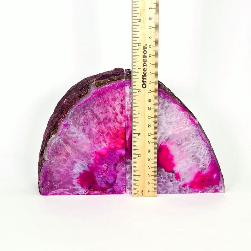 agate bookends next to a ruler for size reference 