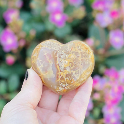 Druzy Natural Agate Heart Shaped Stone in a hand showing the back side. Flowers are in the background,