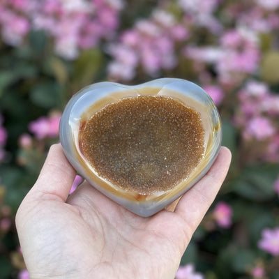 Front facing agate heart with druzy in a hand. Flowers in the background.