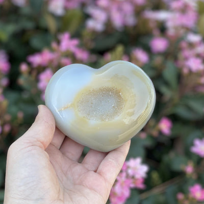 Front facing Druzy Natural Agate Heart Shaped Stone in a hand with flowers in the background.