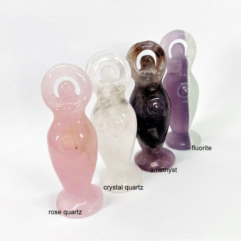 gemstone goddesses available in rose quartz, crystal quartz, amethyst and fluorite 