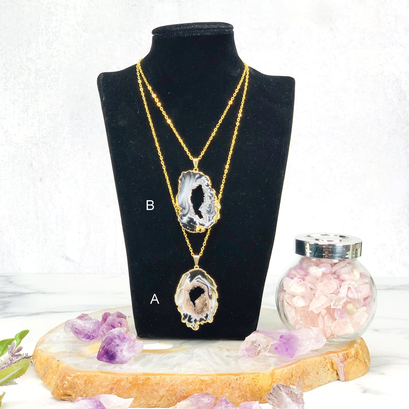 Display of 2 Agate Druzy Slice Pendant with Electroplated Gold Edge with chain on mannequin
