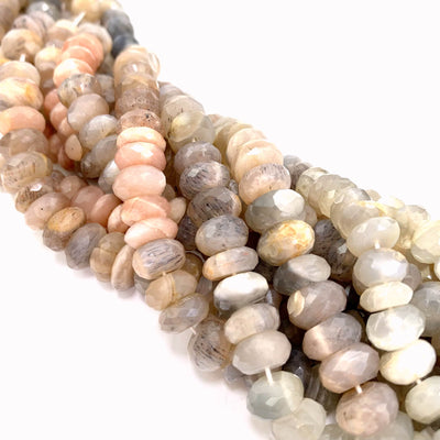 moonstone beads twisted together with a white background