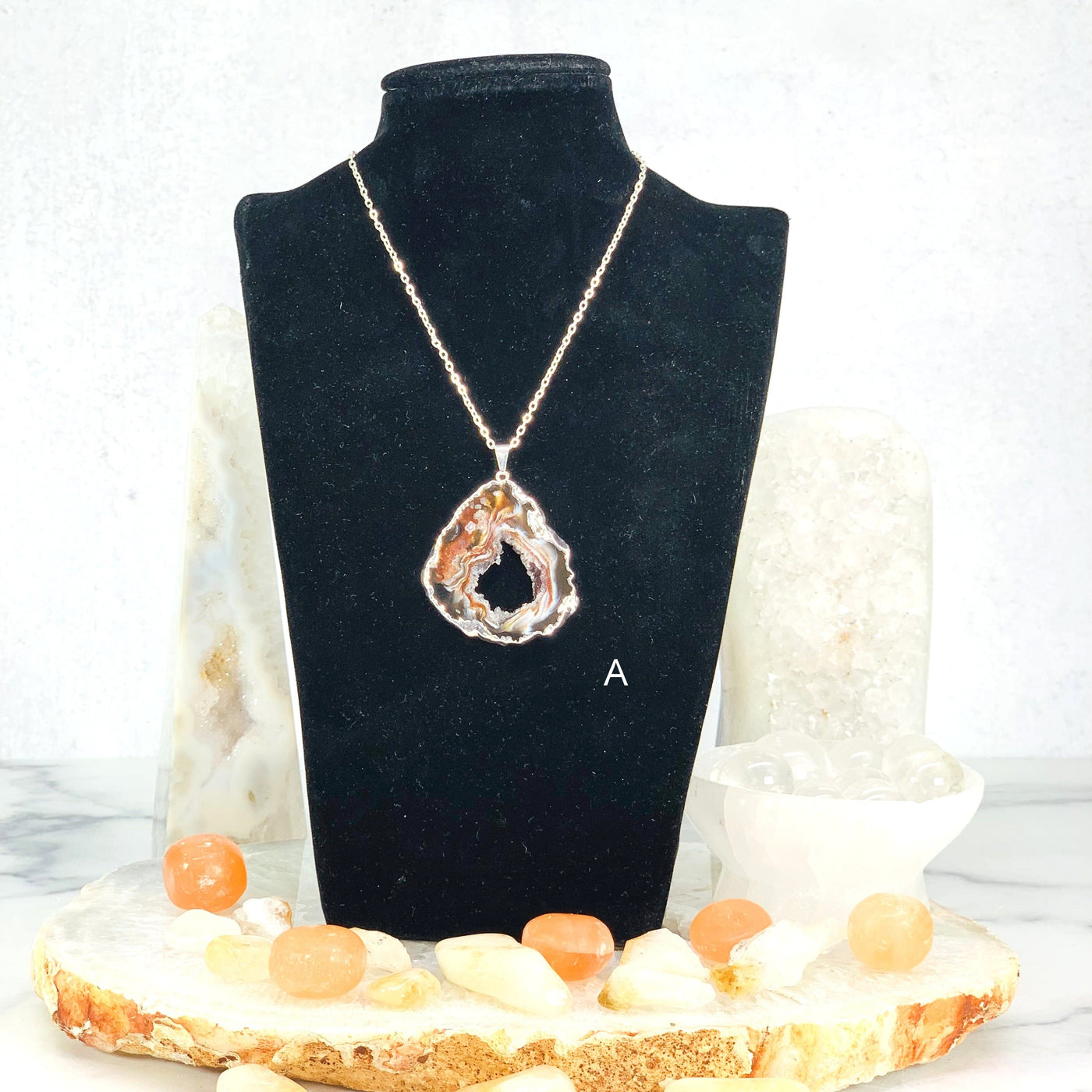 Display of Option A - Agate Druzy Slice Pendant with Electroplated Gold Edge