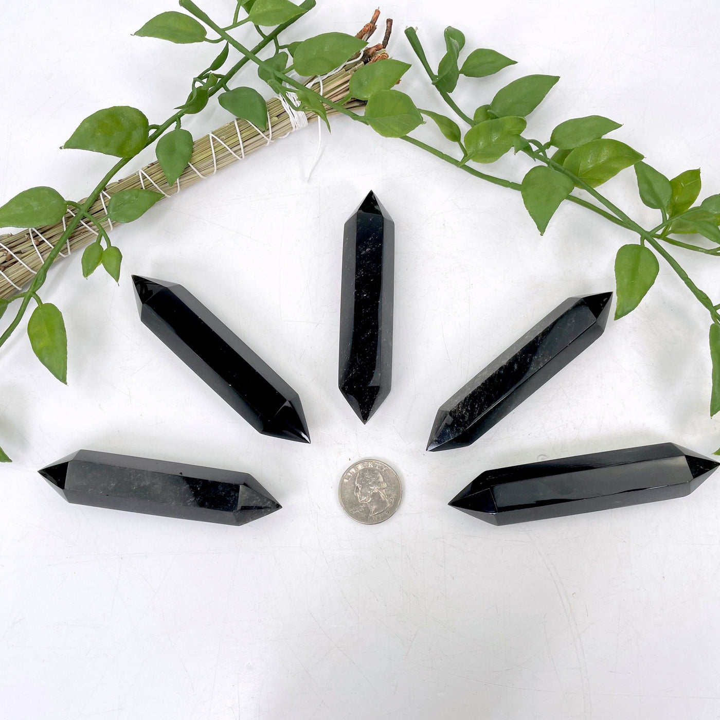 black obsidian double terminated points laying flat around a quarter for length refrence