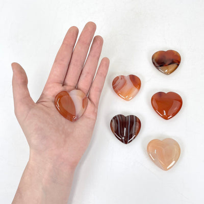 one carnelian polished heart in hand for size reference