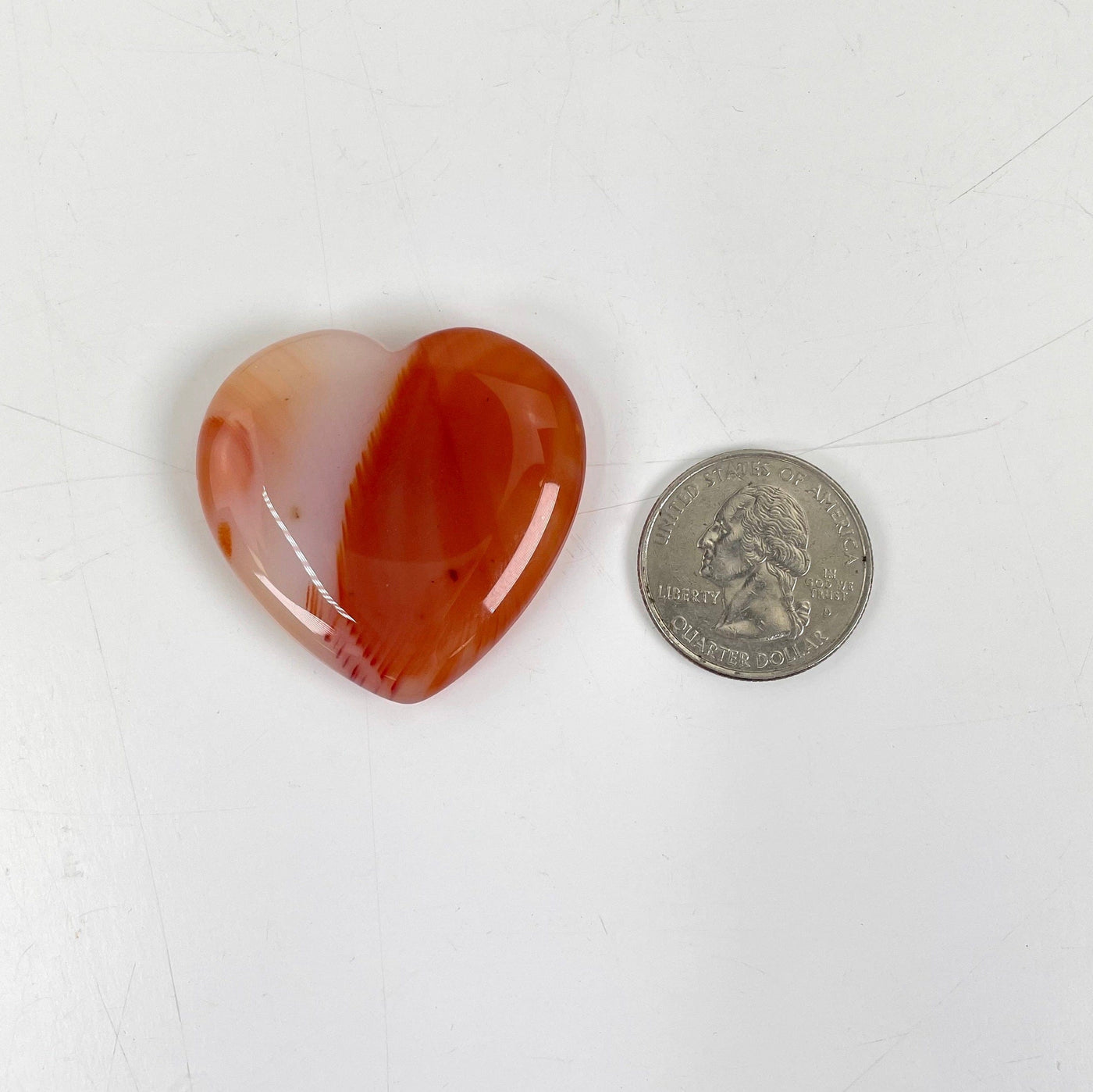 close up of carnelian polished heart with quarter