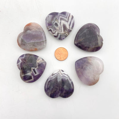 chevron amethyst polished hearts with penny for size reference