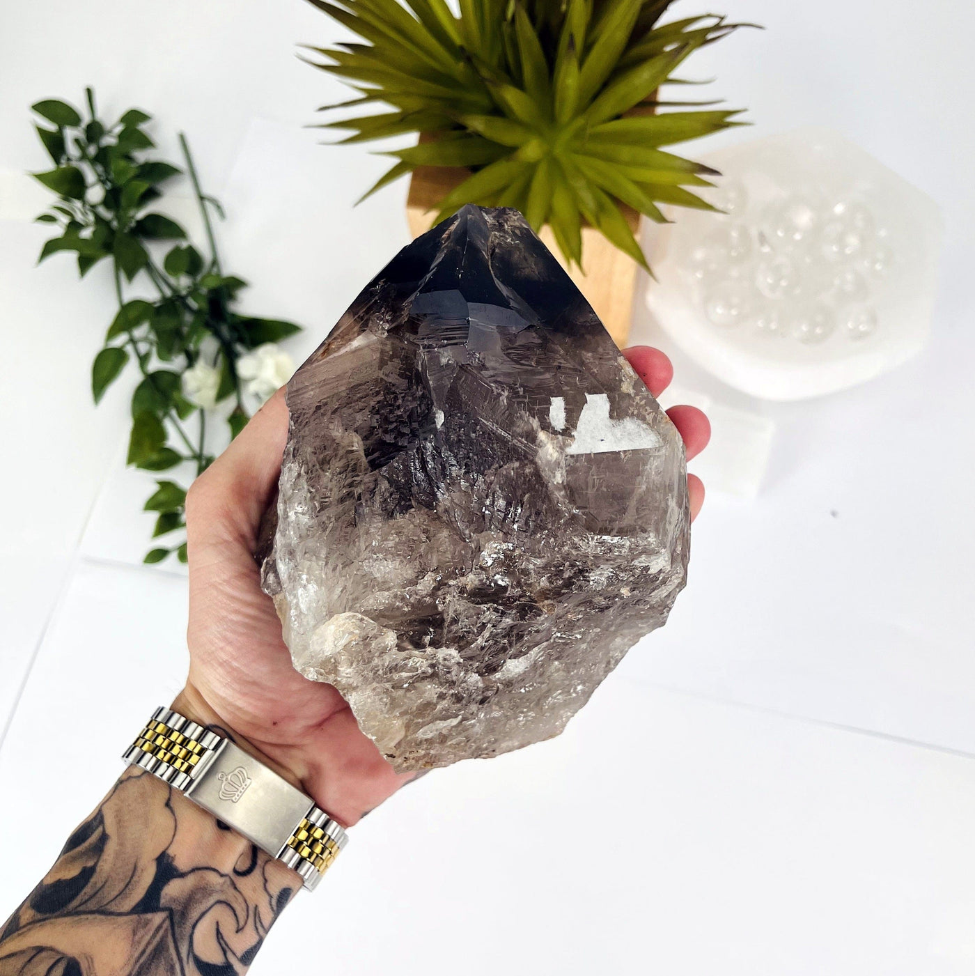 Back side view of Smoky Quartz held in hand on a white background