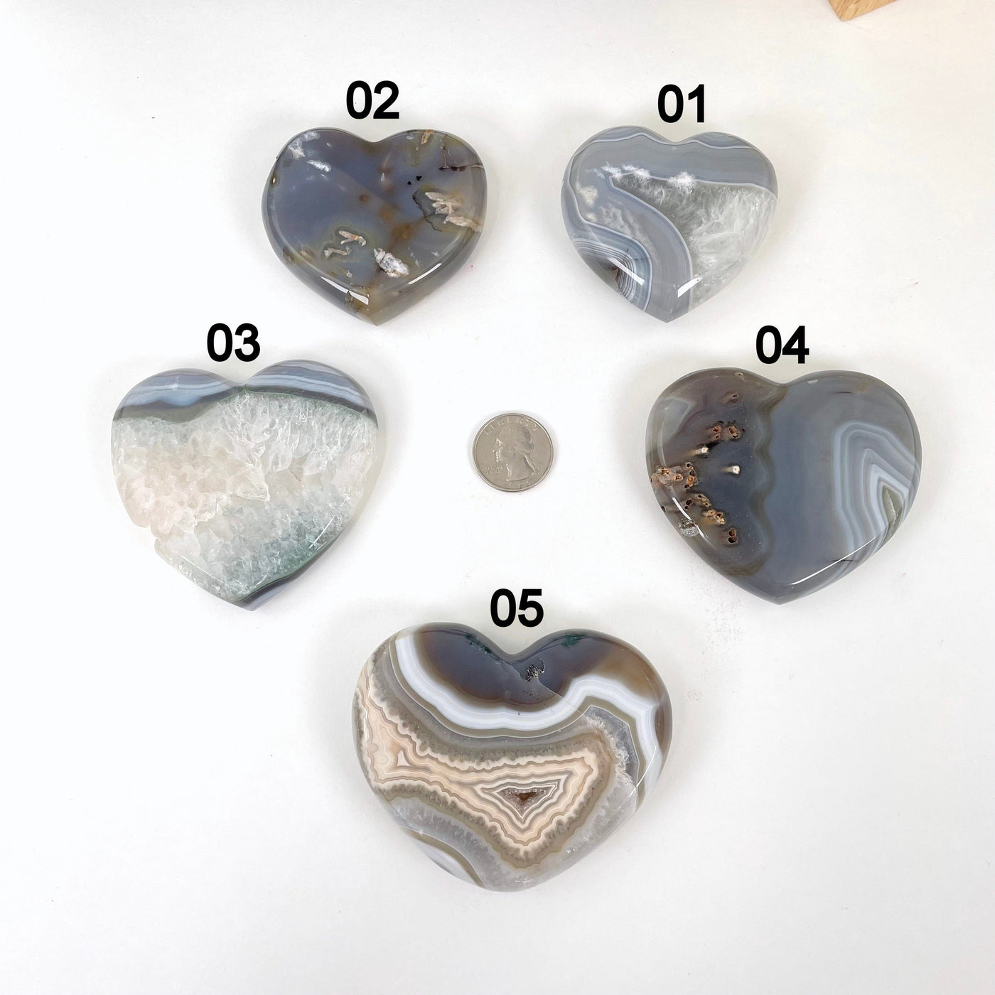 all natural agate druzy heart slice options with quarter for size reference