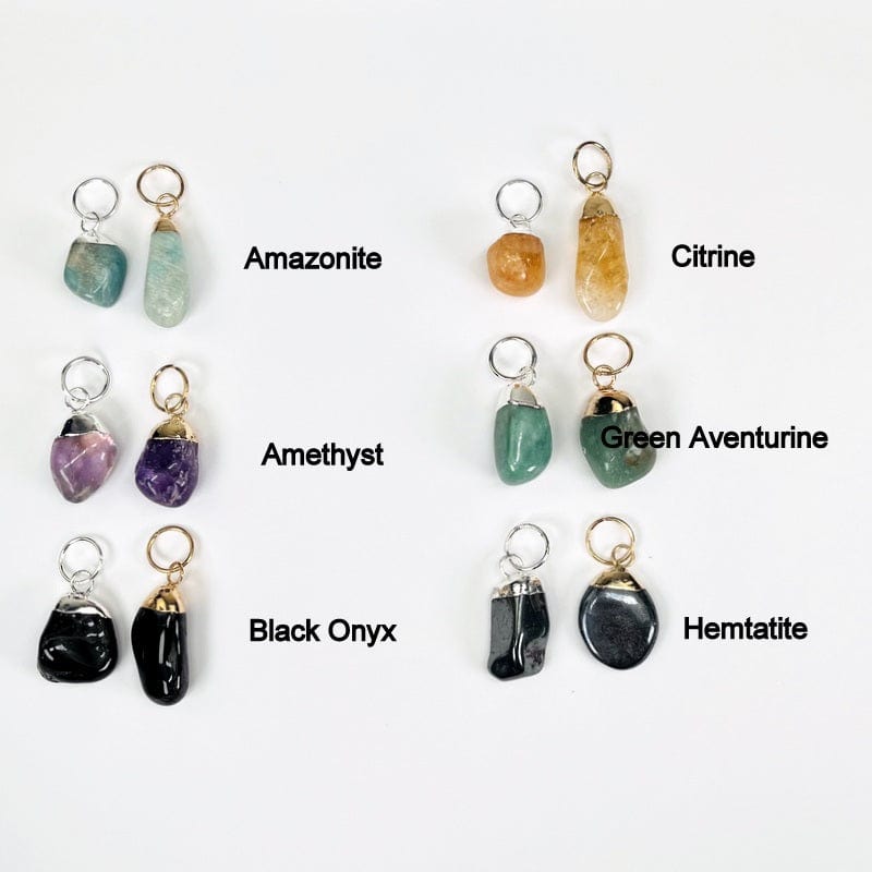 tumbled stones shown in gold and silver next to their stone names. available in amazonite, amethyst, black onyx, citrine, green aventurine, and hematite 