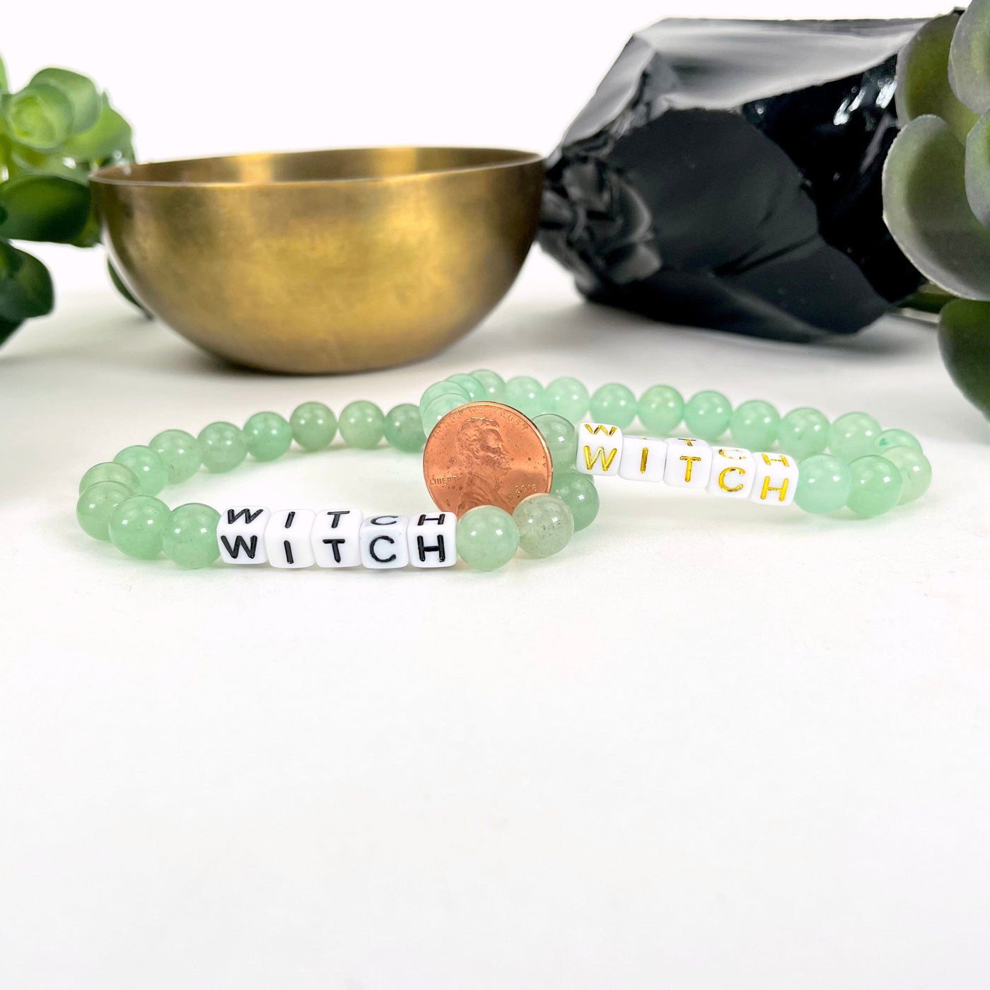 green aventurine beaded bracelets with penny for size reference
