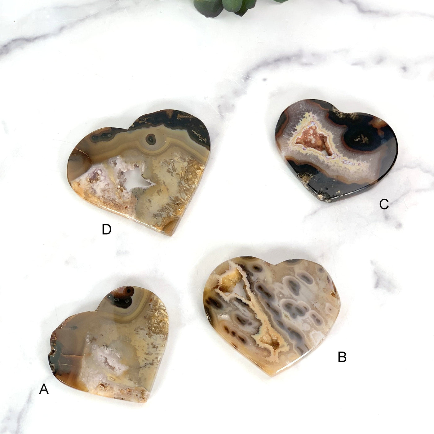 All 4 Natural Agate Hearts on white background.(A,B,C and D)