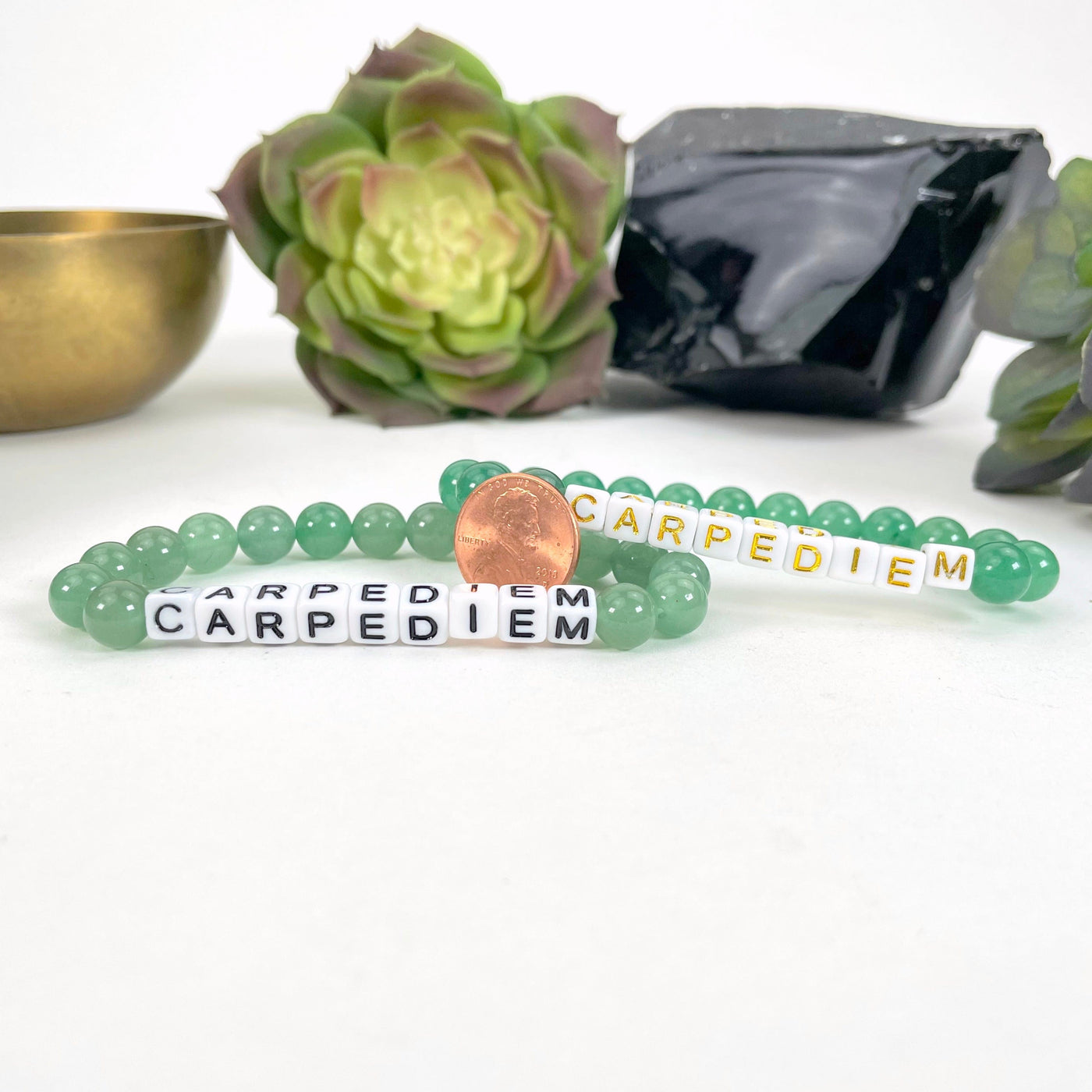 green aventurine beaded bracelets with penny for size reference