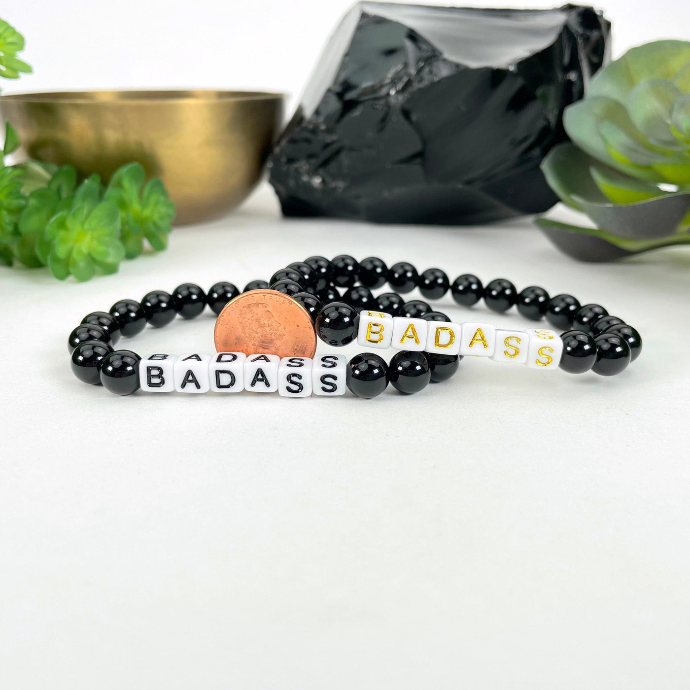 black obsidian beaded bracelets with penny for size reference