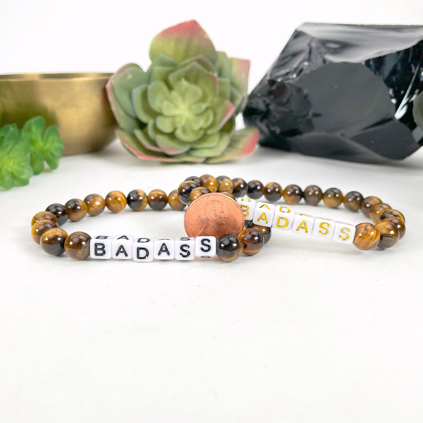 tiger eye beaded bracelets with penny for size reference